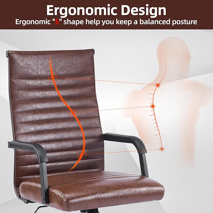 Haranuo Office Chair, Ergonomic Executive Conference Room Chairs, Ribbed Leather Desk Chair with Lumbar Support, Adjustable Height Mid-Back Swivel Chair with Padded Seat and Square Tube Armrests