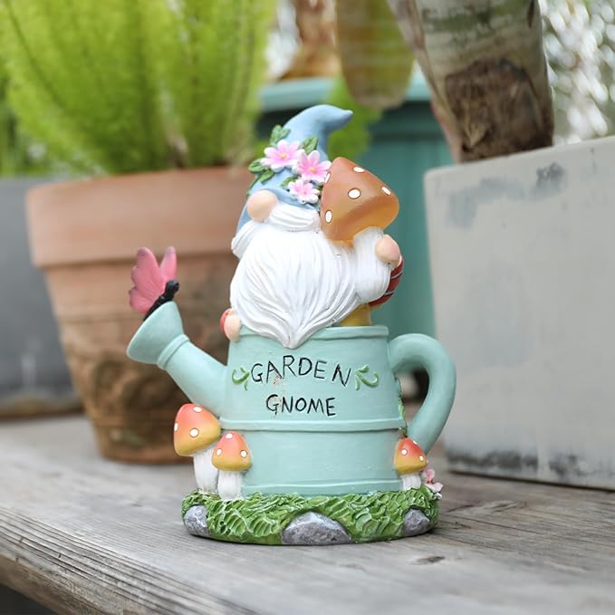 Garden Gnome Statue, Solar Powered Gnome Outdoor Decorations with Watering Can Shape - Resin Gnome Figurine with Mushroom Solar Lights for Porch Patio Lawn Yard Art Decor, Gift for Mom