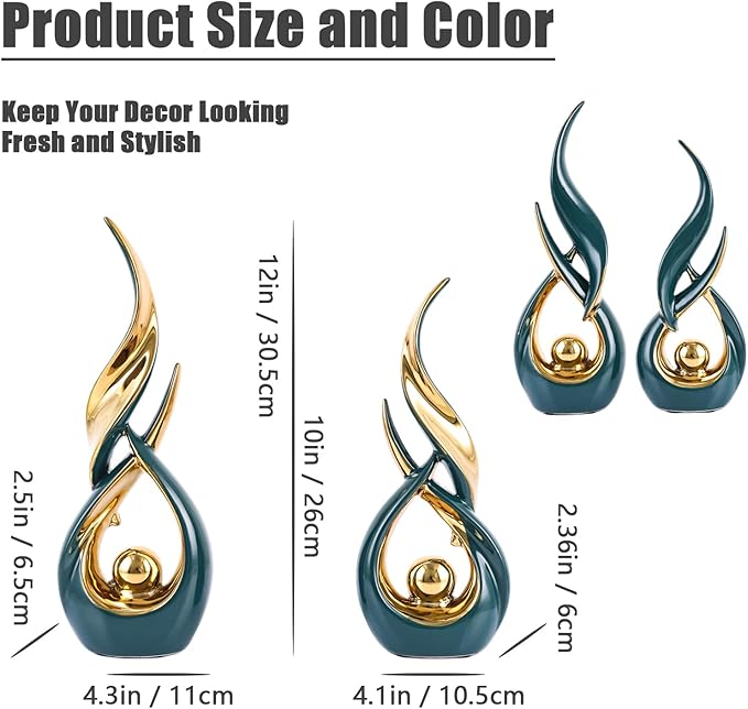 XMGZQ Gold Ceramic Abstract 2 Piece Statue Set,Mid Century Modern Abstract Art Home Decor Statue Mantelpiece on Unique Shelf Decor, TV Cabinet Divider Table top and Dining Table Centerpiece (Green)