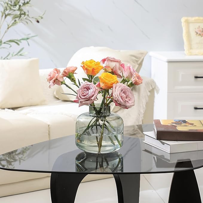 Short Glass Vase, Black Glass Vase, Short Flower Vase, Round Glass Vase, Small Vase for Flowers, 6 Inch Modern Vases for Living Room, Dining Table, Wedding, Bookshelf, Office Decor