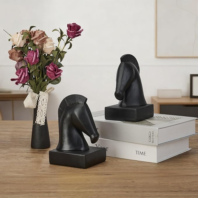 Black Horse Head Decorative Bookends - Heavy Duty Non-Slip Book Holders, Horse Statue Book Ends for Shelves, Modern Equestrian Ornaments for Home Farmhouse Shelves Office Lover Gift