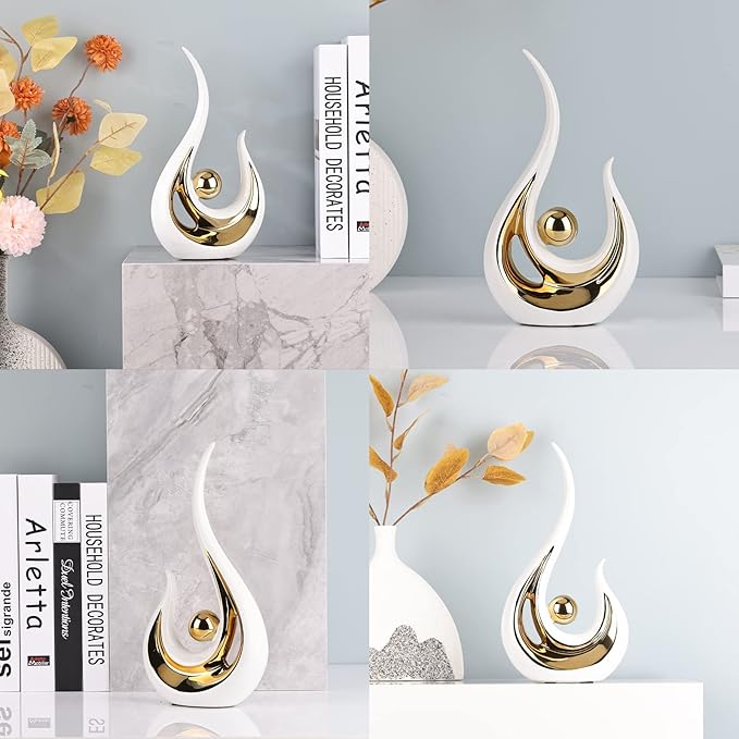 DOVDOV Ceramic Abstract Statue Set of 2, White and Gold Decoration, for Living Room TV Stand Decor, Home Office, Room Decor, entryway Entrance, Dining Table Decor and Accessories