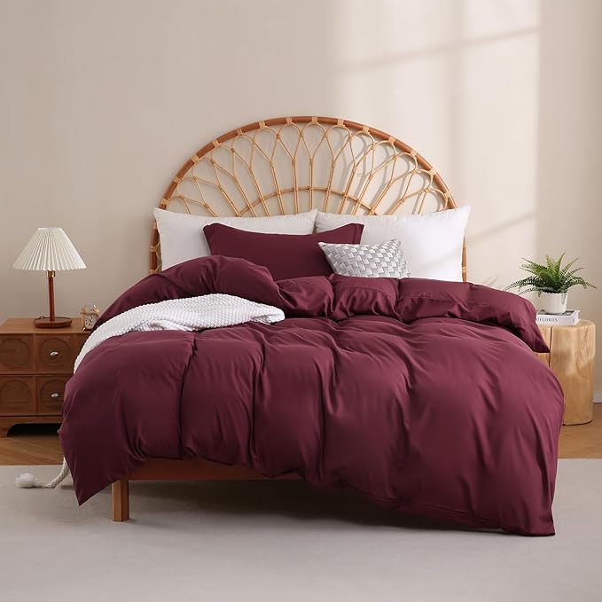 JSD Burgundy Duvet Cover Set Twin Size, 2 Piece Microfiber Kids Duvet Cover with Pillow Sham, Zipper Closure, Comforter Not Included