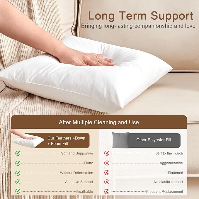 KUSNUG Organic Feather Down Throw Pillow Inserts (26x26 Inch, Set of 2) - 100% Cotton Shell, Filling of Feathers & Memory Foam, Euro Square Decorative Pillow Form Core for Couch, Sofa, and Bed