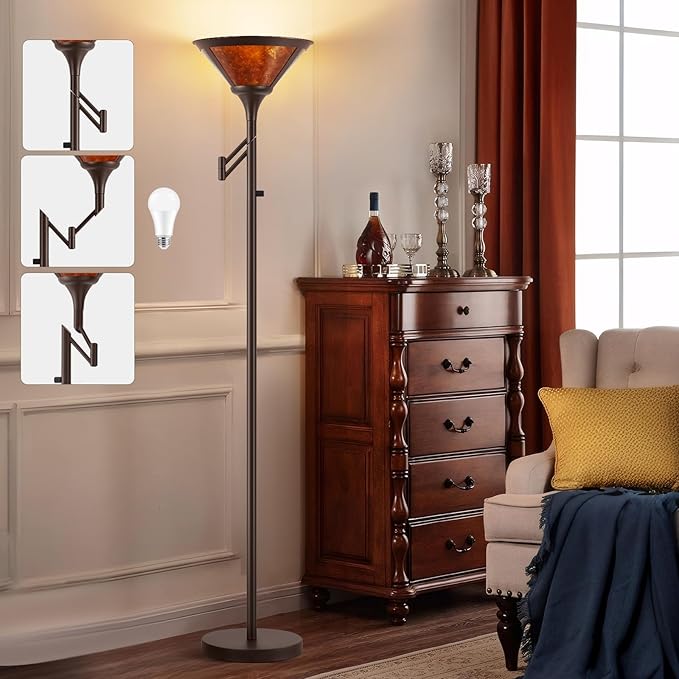 EJIAXIN Floor Lamps for Living Room - 70" Brown Torchiere Standing Floor Lamp with Adjustable Swing Arm - Tall Corner Lamp Decor for Bedroom with Mica Shade LED Reading Light for Home Office