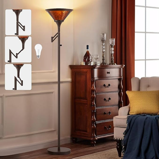 EJIAXIN Floor Lamps for Living Room - 70" Brown Torchiere Standing Floor Lamp with Adjustable Swing Arm - Tall Corner Lamp Decor for Bedroom with Mica Shade LED Reading Light for Home Office