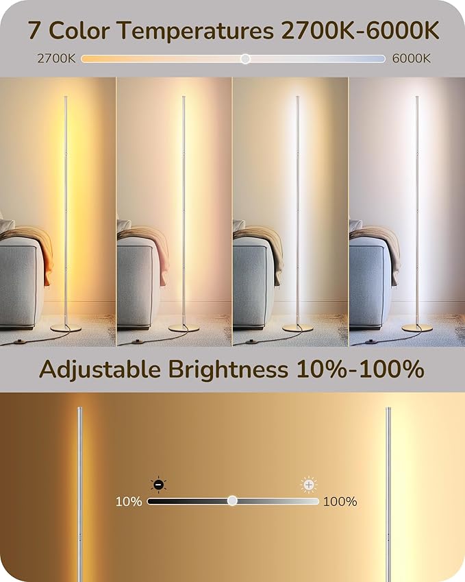 EDISHINE Modern Floor Lamp, 2-Pack Adjustable Height Led Corner Lamps, Dimmable with 7 Color Temperatures (2700K-6000K), 57.5" Height Floor Lamps for Living Room, Bedroom, Office, Silver