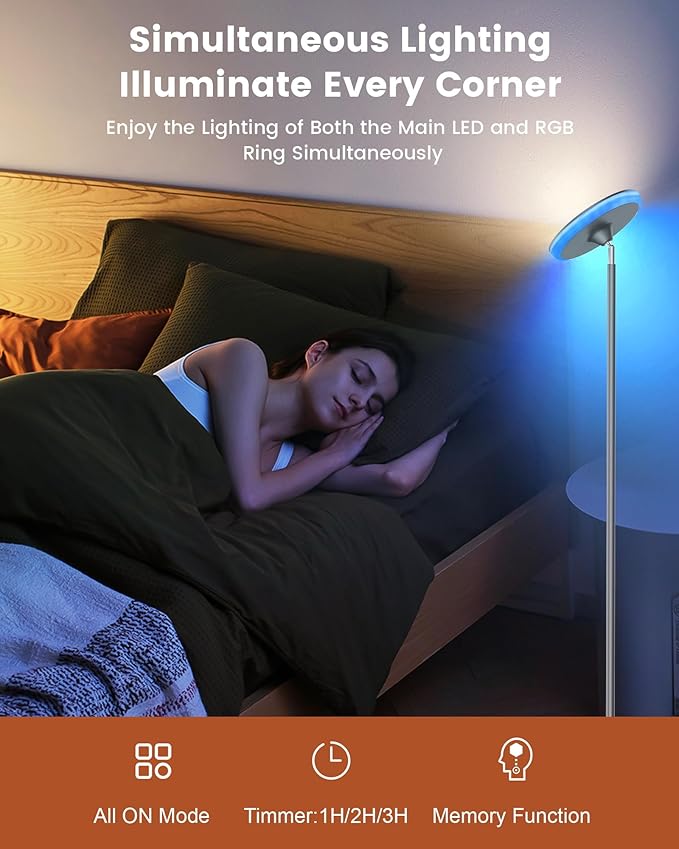 42W Floor Lamp, 3700LM Super Bright Standing Lamp with Remote & Touch Control, 2700K-6500K Dimmable Torchiere Lamps for Living Room, with RGB Ambient Lighting, Grey