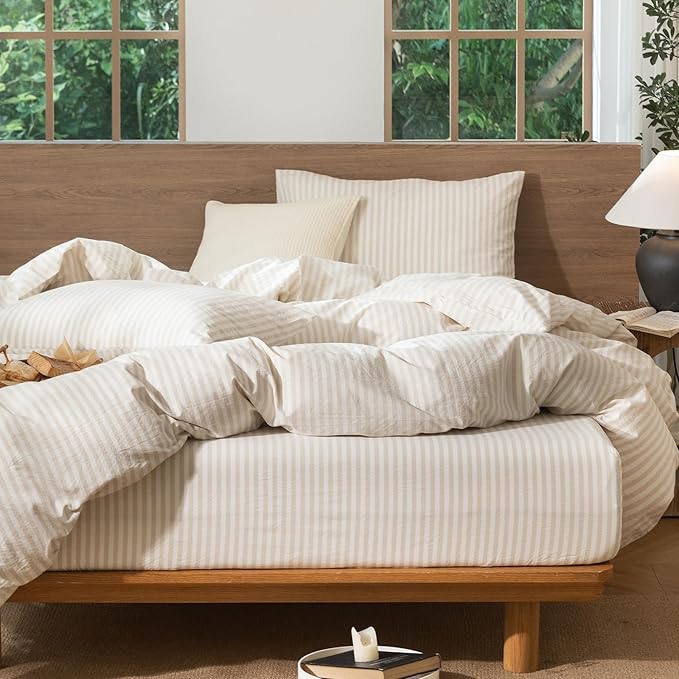 MooMee Striped Duvet Cover Set 100% Washed Cotton Linen Like Textured Breathable Durable Soft Comfy (Almond Milk Grey Classic Stripes, Full 80"x90")