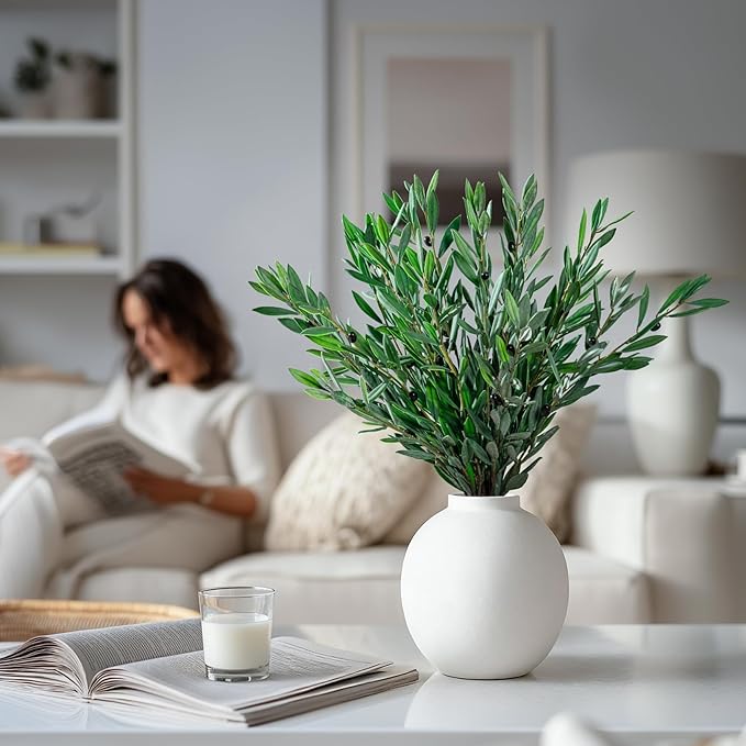 8PCS Premium Artificial Olive Branches for Vases - Realistic PU & Silk Faux Greenery Stems, 3 Sizes, Bendable Wire Stems, Low Maintenance Home/Office/Holiday Decor(No Vase