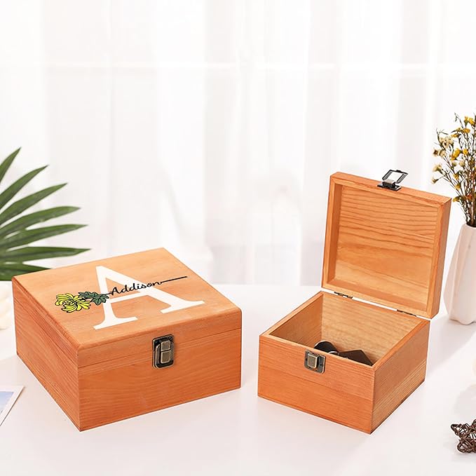 Personalized Wooden Keepsake Memory Box with Birth Flower & Name, Custom Wood Decorative Storage Box with Lids Customized Christmas Gift Box for Women Teen Girls Mom Birthday Gifts