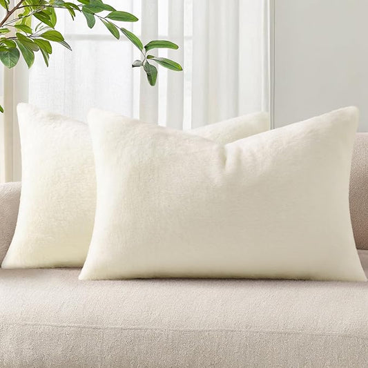 Pallene Faux Fur Plush Lumbar Spring Throw Pillow Covers 12x20 Set of 2, Soft Fluffy Couch Pillow Covers for Living Room, Cream White