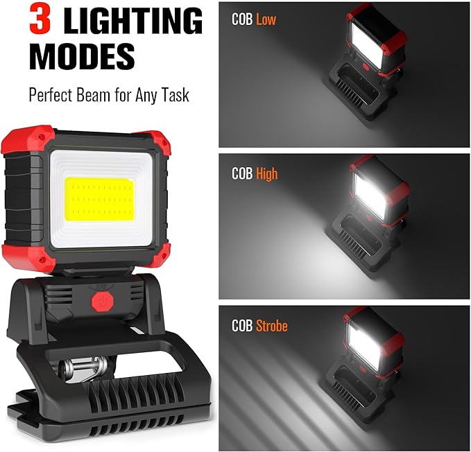 Yls 2 Pack LED Rechargeable Work Light with Clamp, 2100LM COB Magnetic Clip on Worklight with 3 Light Modes, 270°& 180° Rotatable Portable Clamp Worklight for Car Repairing, Jobsite, Grilling, Camping