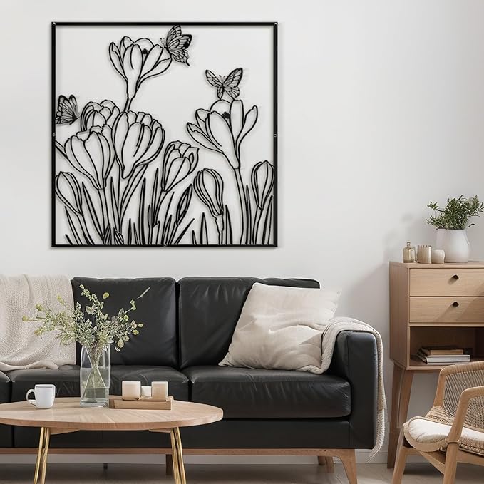 SIGNLEADER Metal Wall Art Decor Butterflies and Wildflowers Minimalist Modern Abstract Wall Sculpture Hangings Home Decoration for Living Room, Bedroom, Bathroom, Kitchen, Outdoor - 18" Black