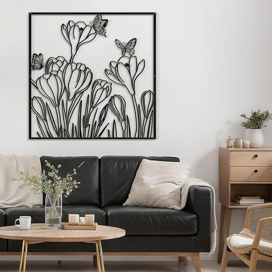 SIGNLEADER Metal Wall Art Decor Butterflies and Wildflowers Minimalist Modern Abstract Wall Sculpture Hangings Home Decoration for Living Room, Bedroom, Bathroom, Kitchen, Outdoor - 18" Black