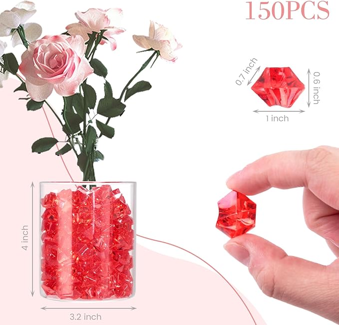 DomeStar Red Fake Ice Rocks, 150PCS Acrylic Gems Crystals Plastic Diamonds Centerpiece for Vase Fillers Wedding Party Table Scatter Valentine s Day Decorations