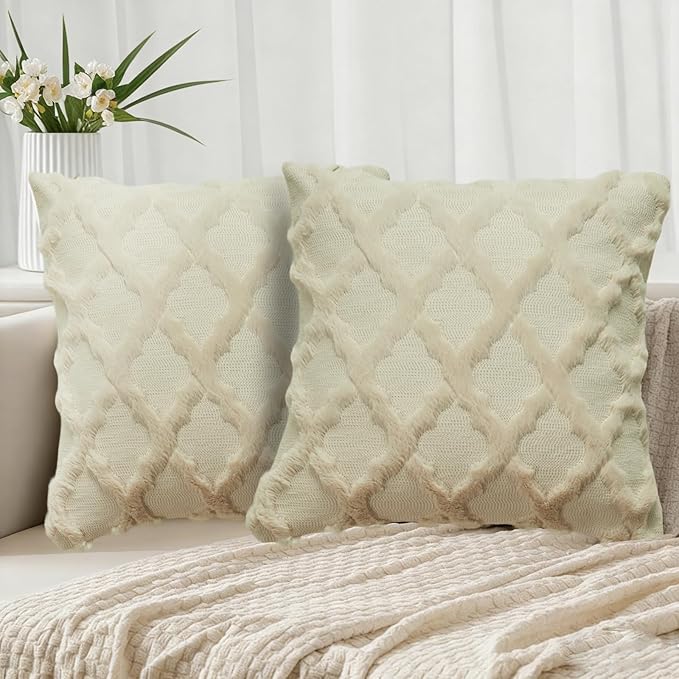 EMMTEEY Boho Pillow Cases 18x18 Inch Set of 2, Striped Embroidered Faux Fur Pillow Covers - Wrinkle Free & Decorative Accent Cushion for Sofa Couch Bed (Beige)