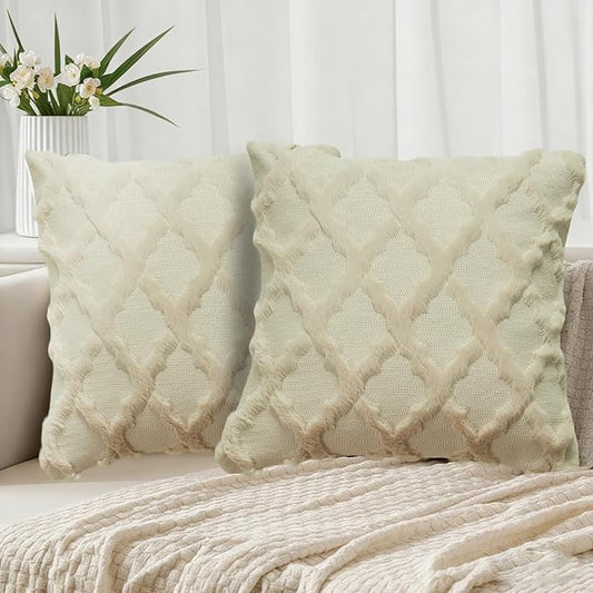 EMMTEEY Boho Pillow Cases 18x18 Inch Set of 2, Striped Embroidered Faux Fur Pillow Covers - Wrinkle Free & Decorative Accent Cushion for Sofa Couch Bed (Beige)