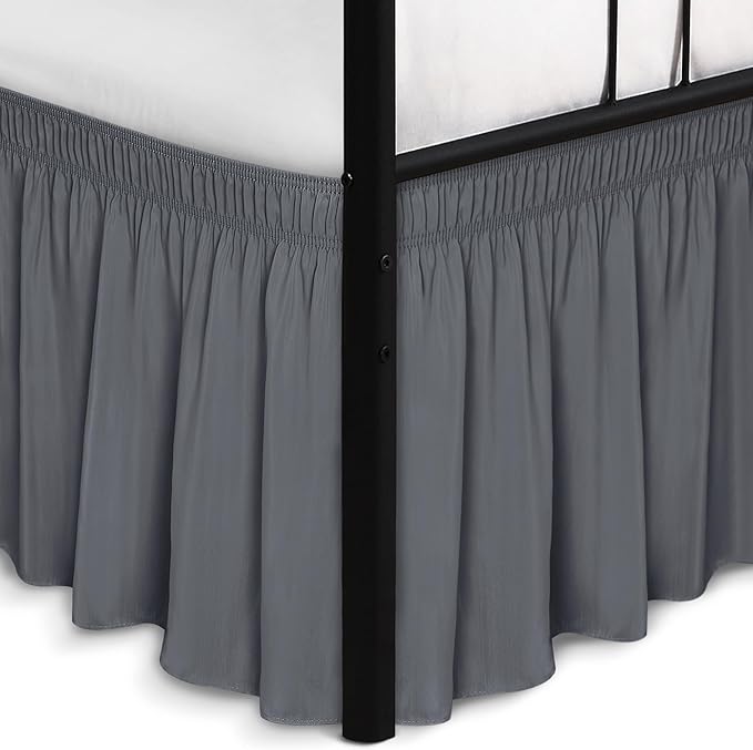Biscaynebay Wrap Around Bed Skirts with Split Corners for Queen Beds 14" Drop, Dark Grey Elastic Dust Ruffles Adjustable Easy Fit Wrinkle & Fade Resistant Silky Luxurious Fabric Machine Washable