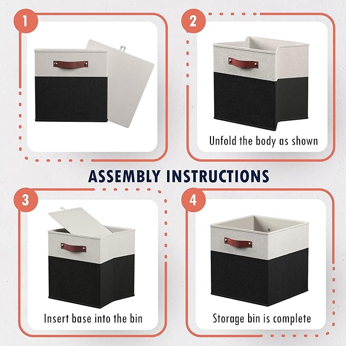 Ornavo Home 11 x 11 Storage Cube Bins, Foldable Collapsible Fabric Storage Bins Box Linen Shelf Basket Cube Organizer for Closet with Leather Handles, 6 Pack, White/Black