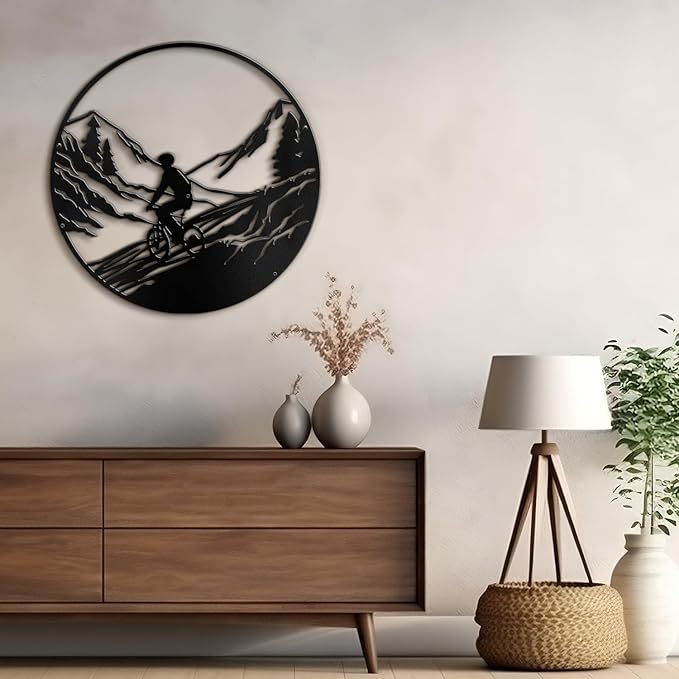 SIGNLEADER Metal Wall Art Decor Mountains, Pine Trees, Cyclists Modern Abstract Wall Sculpture Hangings Home Decoration for Living Room, Bedroom, Bathroom, Kitchen, Outdoor - 18" Black