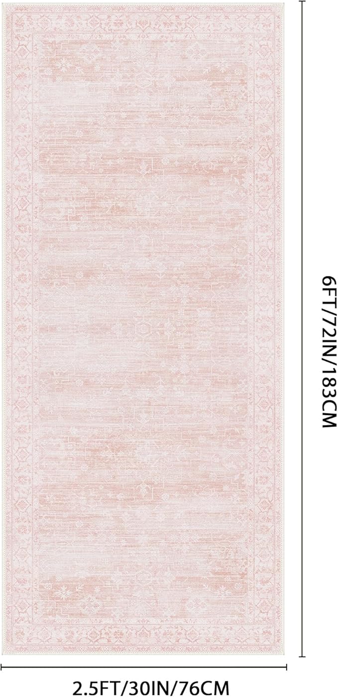 GENIMO 2'6''x6 Runner Rug,Machine Washable Non-Slip Vintage Rugs,Low Pile Lightweight Carpet for Bedroom,Hallway,Entryway,Kitchen,Bathroom,Pink