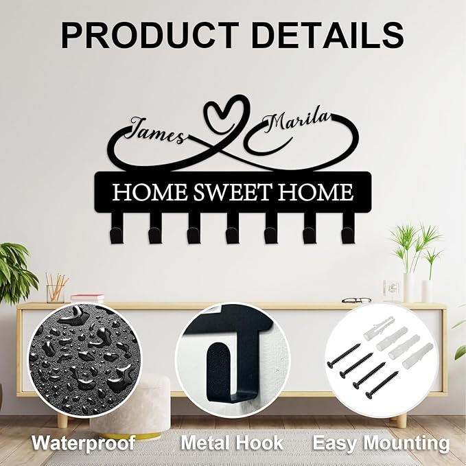 Custom Key Holder for Wall Personalized Metal Key Hook Key Organizer Rack Key Hanger Home Decor for Entryway, Garden, Bathroom, Kitchen, Garage (Heart)