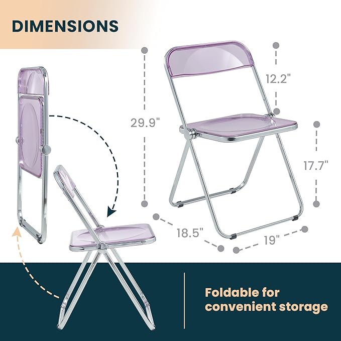 LeisureMod Lawrence Modern Clear Acrylic Folding Chair with Metal Frame, Space-Saving Transparent Seating for Dining Room, Home Office, Bedroom, Vanity or Small Spaces, (Magenta, Singles)