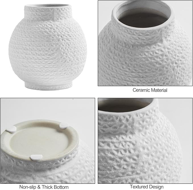DN DECONATION White Vase for Flowers, Ceramic Vase for Home Decor, Modern Decorative Vase, Small Cute Flower Vases for Kitchen/Office/Living Room/Bookshelf/Farmhouse/Mantel - White Texture(Small)