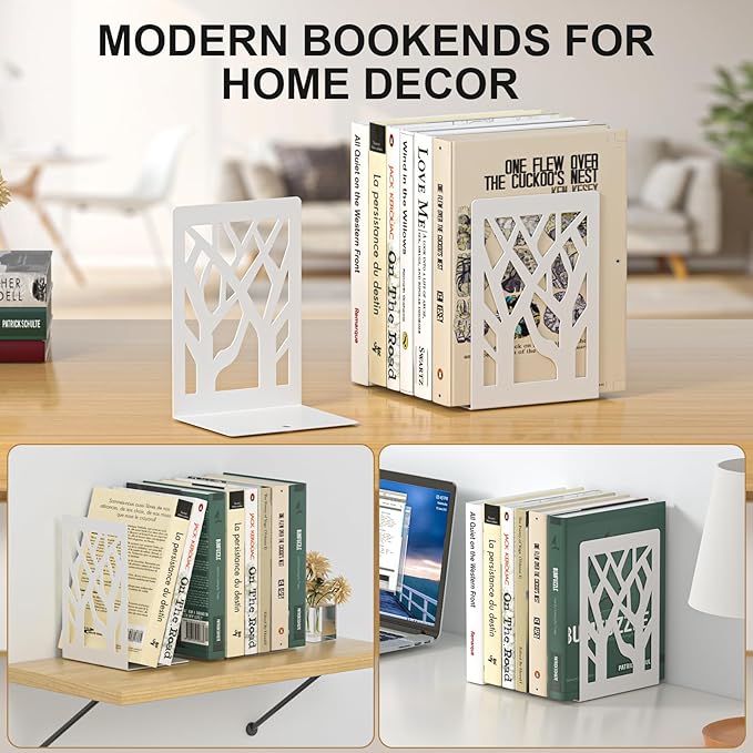 White Bookends 8 Pack, Tree Design Modern Metal Bookends for Shelves, Unique Tree Book Ends Decorative Book Organizer for Desk, Decorative Shelve Book Stopper for Home Office