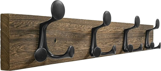 SKOLOO 24-Inch Wood Burnt Coat Rack Wall Mount with 4 Triple Hooks - Ideal for Family Entrances, Classrooms, and Pet Supplies Storage - Perfect Coat Hooks for Wall