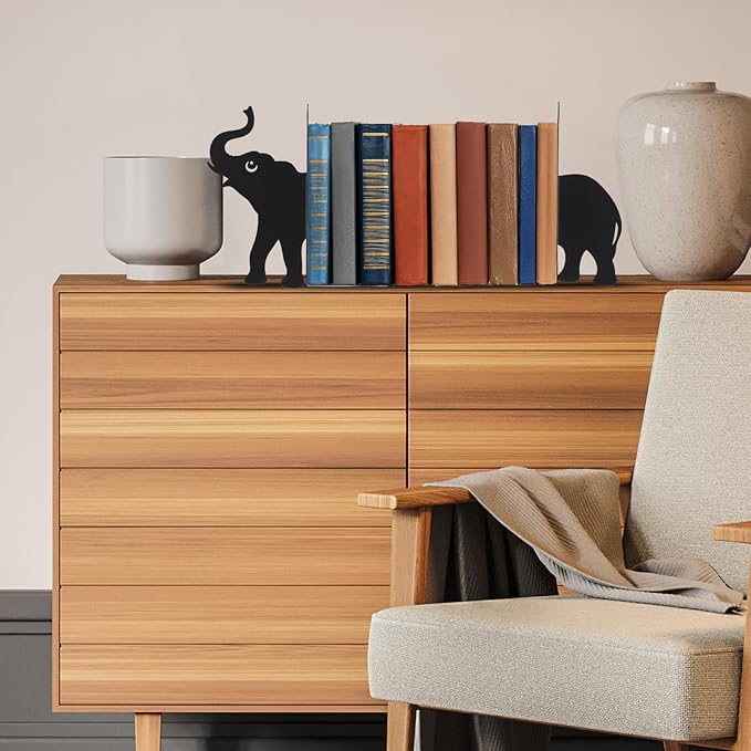 Geelin Elephant Metal Bookends Set of 2 Styles Book Ends for Shelves Bookshelf Home Office Desk Bookshelf Decor Gift for Elephant Lovers and Reading Enthusiasts
