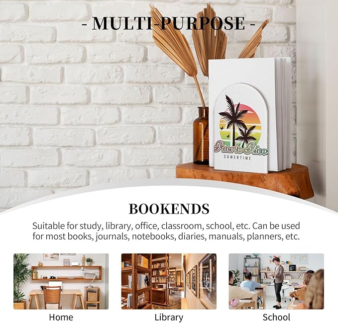 Puerto Rico Summer Wood Bookends Stands Decorative Non-Slip Book Organizers for Home Office Desk Library School Study 1 Pair