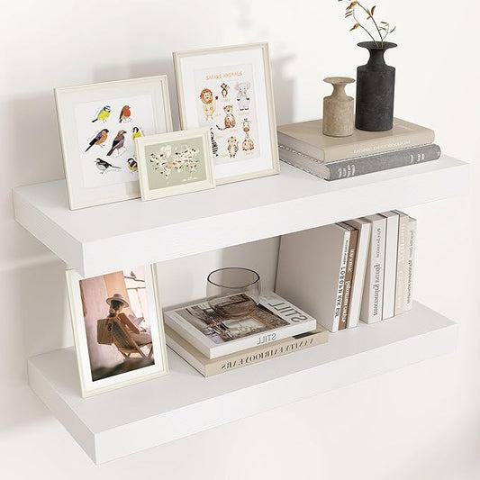Floating Shelves for Wall, Engineered Wood Wall Shelves with Invisible Brackets for Living Room Bedroom Bathroom Office Kitchen Decor and Storage (White, 24" W x 9" D x 1.5" H) Set of 2