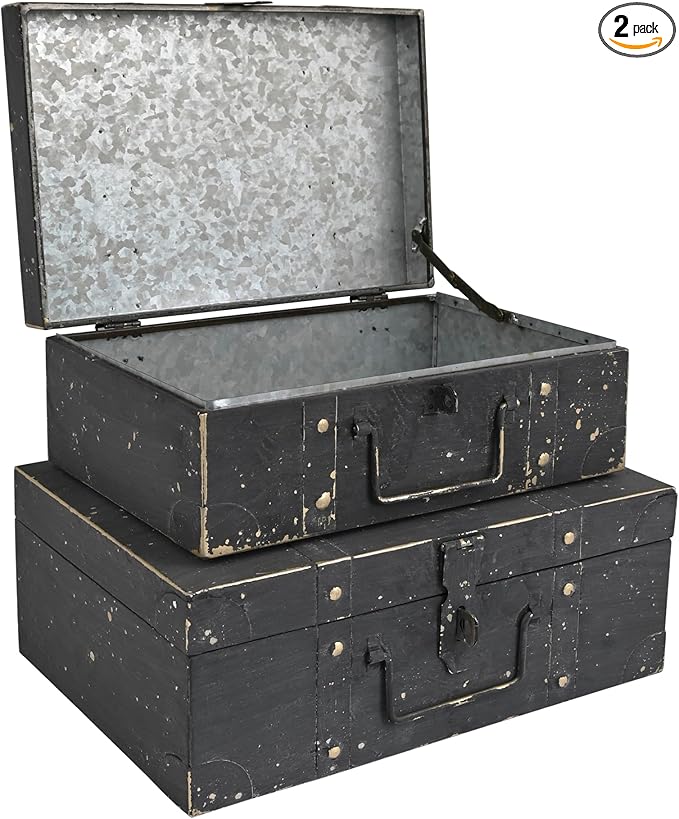 Vintage Metal Storage Trunks - Set of 2, Antique Decorative Storage Chests with Lids, Decorative Suitcase Boxes, Vintage Suitcases for Keepsakes and Home Decor, Black