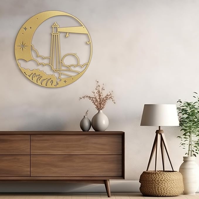 SIGNLEADER Metal Wall Art Decor Lighthouse on the Waves Minimalist Modern Abstract Wall Sculpture Hangings Home Decoration for Living Room, Bedroom, Bathroom, Kitchen, Outdoor - 18" Gold