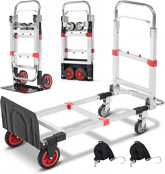 3 in 1 Folding Hand Truck Dolly Cart, Heavy-Duty Foldable and Convertible Design, Lightweight Portable Utility Cart with Rubber Wheels and Telescoping Handle for Moving, 500 lbs Capacity (Red)