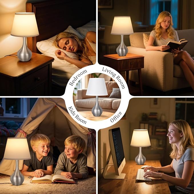 Seealle Touch Table Lamps for Nightstand Set of 2, 3-Way Dimmable Small Bedroom Lamps for Night Stands, Silver Bedside Lamps for Living Room, Kids Room, End Table(LED Bulbs Included)