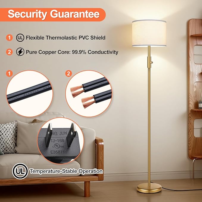 Yemela 【Upgraded】 Dimmable Gold Floor Lamps for Living Room, 11W LED Bulb Included, Modern Standing Lamp with White Lamp Shade, Tall Pole Light for Bedroom Reading Office Corner Nursery