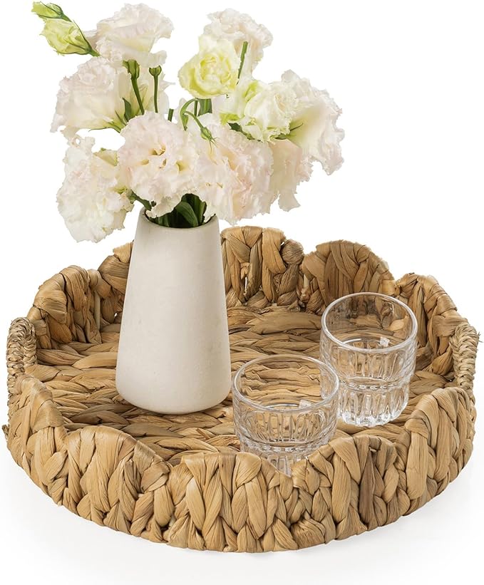 Round Wicker Scalloped Serving Tray with Handles - Seagrass Handwoven Trays,Water Hyacinth Tray for Home Decor and Living Room, Dining Table, Bathroom Organizing, 13" L x 13" W x 3.5" H