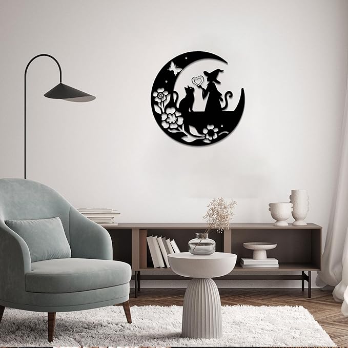 GlintHome Cat Metal Wall Art Decor Moon and Cat Witch Black Wall Hanging Decor Silhouette Wall Art for Home Bathroom Bedroom Living Room Kitchen Office Garden Hotel Wall Decoration