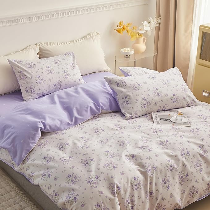 Purple Floral Duvet Cover King Garden Style Purple Flower Comforter Cover 100% Cotton Floral Bedding Set 1 Duvet Cover with 2 Pillowcases Vintage Botanical Aesthetic Comforter Cover with Zipper Ties