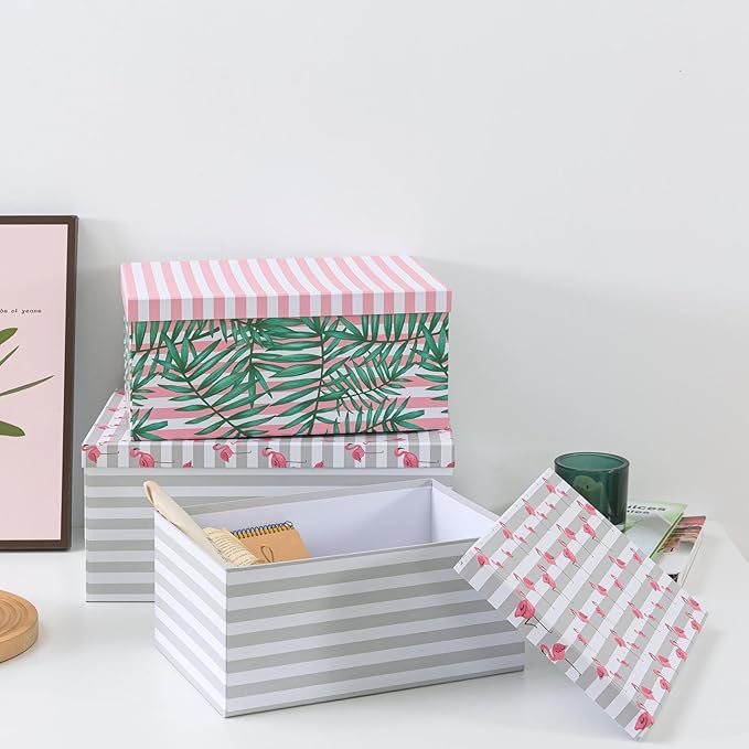 Soul & Lane Decorative Cardboard Storage Boxes with Lids for Home Decor and Organization, Set of 3 Large Keepsake Boxes for Memories & Gifts, Nesting Floral Photo Storage Containers, Tropical