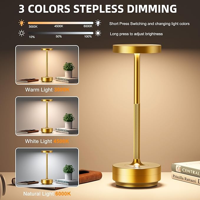 2 Pack Cordless Table Lamp Rechargeable - Waterproof, Touch 3-Color Lighting Portable LED Table Light for Outdoor,Patio,Restaurant.(2 Pack Gold)