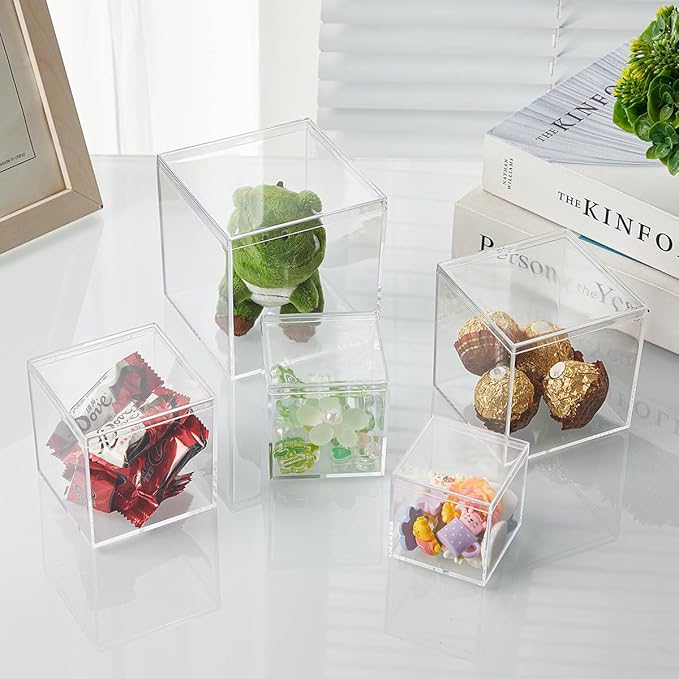 Gonice 6/4.7/4/3.3/3/2.5 inch Clear Acrylic Box with Lid, 6 PCS Plastic Decorative Storage Box for Jewelry, Candy Pill