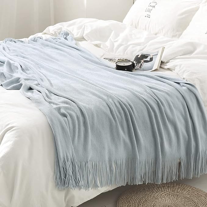 Homiest Decorative Knitted Throw Blanket with Fringe, Lightweight Acrylic Knit Blanket, Soft & Cozy Tassel Blanket for Couch Sofa Bed (Light Blue, 60 x 80 Inch)