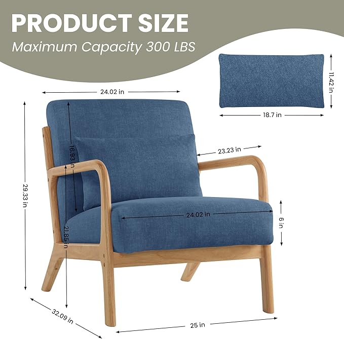 Aunekiv Accent Chair with Pillow Upholstered Mid-Century Chair Living Room Chair for Small Space Solid Wood Frame Reading Chair with Soft and Thick Cushion Armchair for Bedroom Balcony Blue 1PC