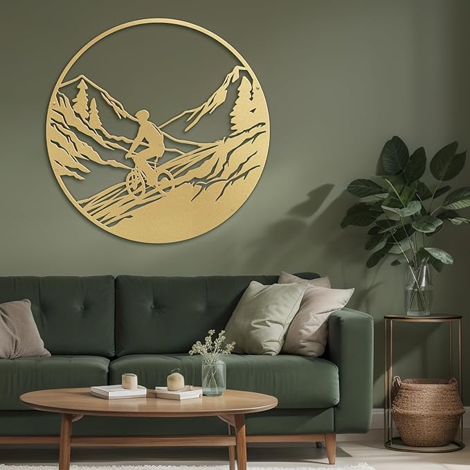 SIGNLEADER Metal Wall Art Decor Mountains, Pine Trees, Cyclists Modern Abstract Wall Sculpture Hangings Home Decoration for Living Room, Bedroom, Bathroom, Kitchen, Outdoor - 18" Gold