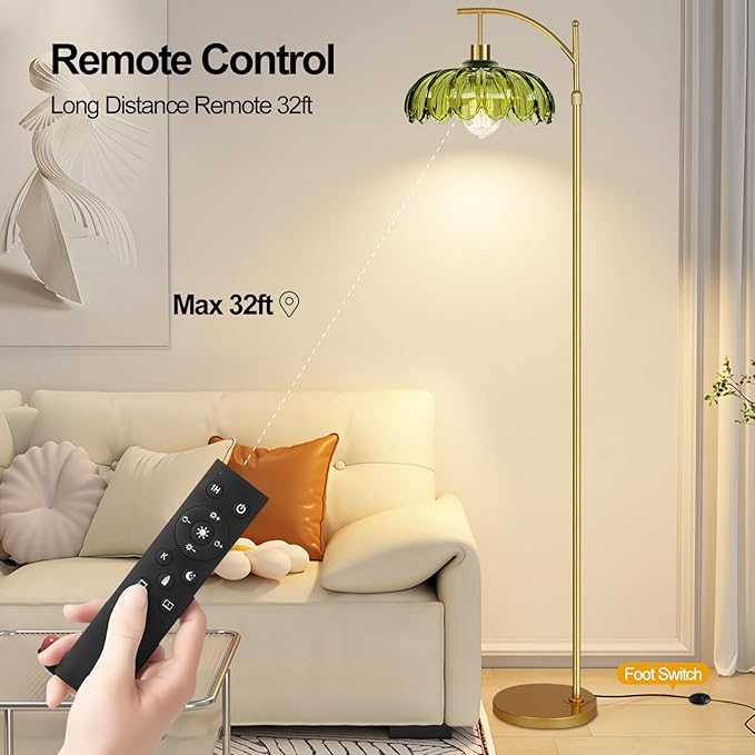 ZECOXOL Gold Floor Lamps for Living Room Vintage Green Floor Lamp with Remote Control & Glass Lampshape,Dimmable Mid Century Modern Standing Lamp Tall Flower Lamp Brass Floor lamp for Bedroom Corner