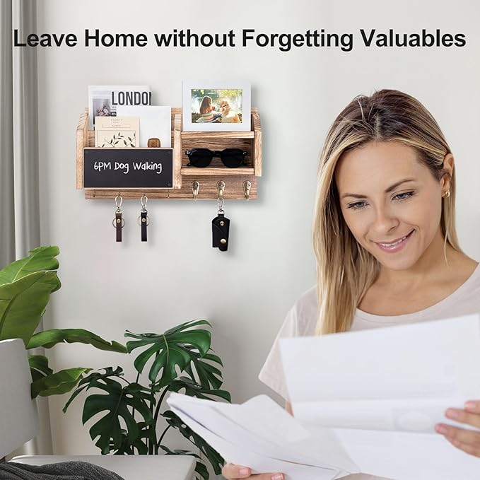 Mail and Key Holder – Wall Mount Key Hanger with Shelf and 7 Metal Hooks – Decorative Natural Paulownia Wood Entryway Organizer with Mounting Hardware (16.5”W x 8.7”H x 3.5”D) (Wood)